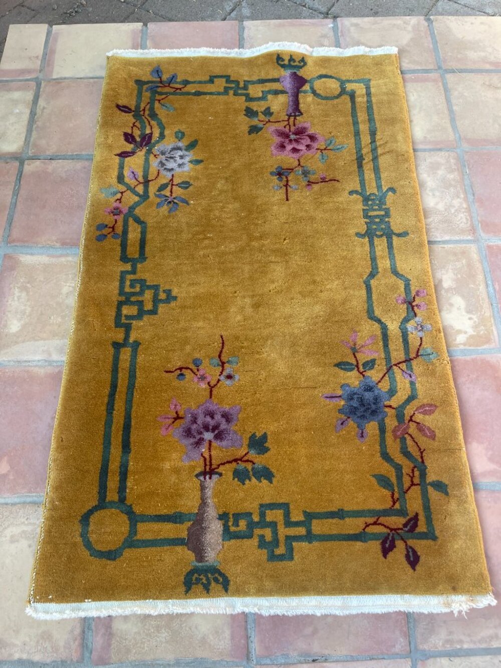 Antique Chinese Art Deco Goldenrod 1920 Knotted Rectangle Wool Rug - 3 ft x 5 ft